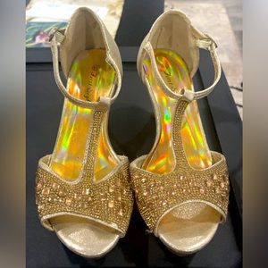 Gold dressy heels with rhinestones